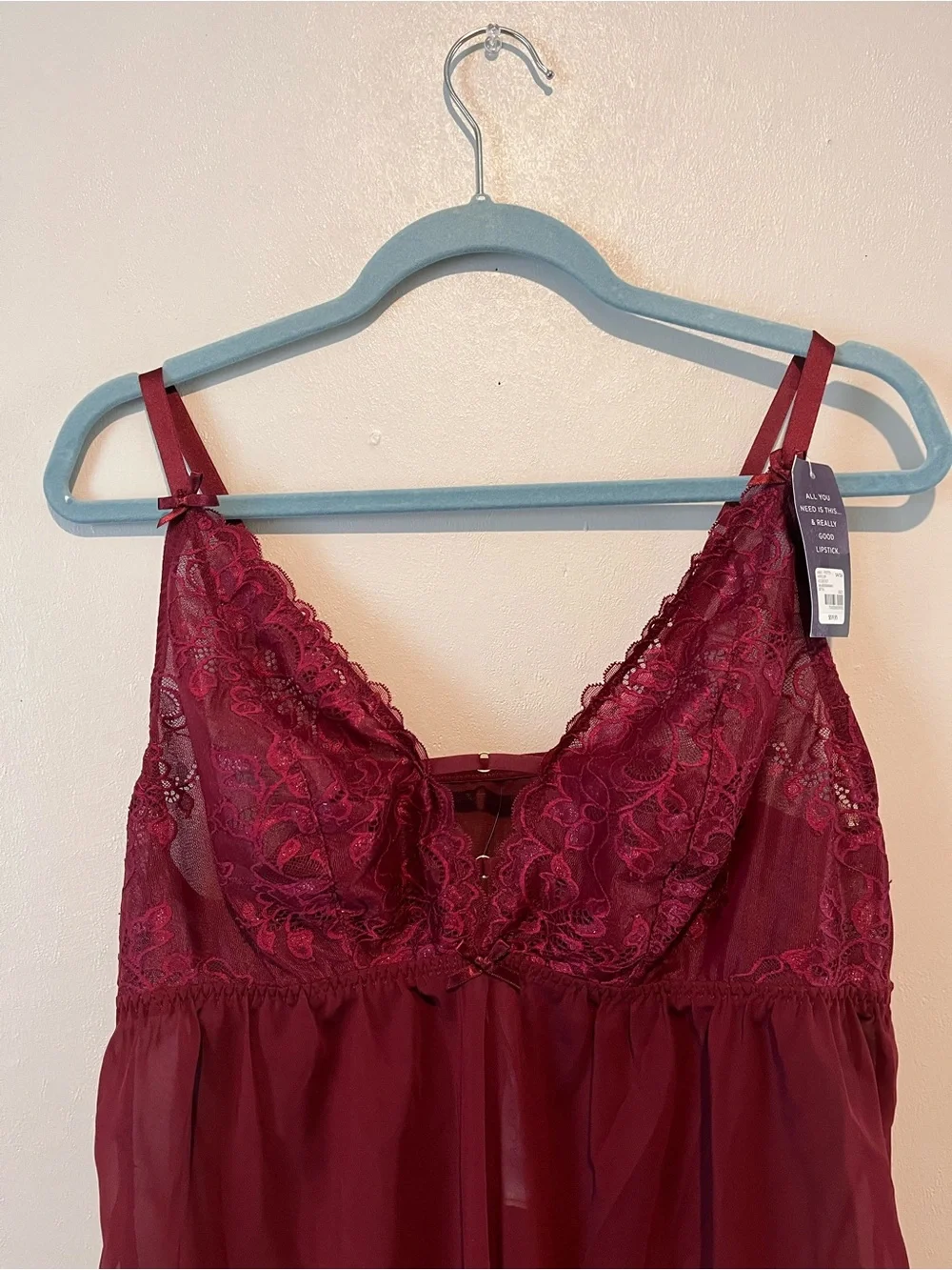 Cacique Burgundy Lace Babydoll Lingerie Set Adjustable Straps Matching Panties
